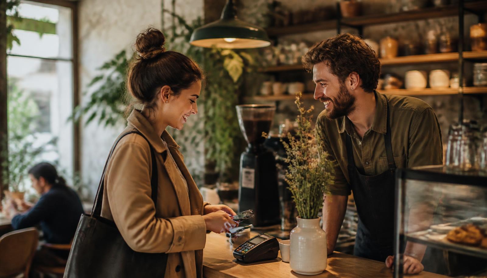 A customer paying with a tap at an independent coffee shop while the owner smiles
